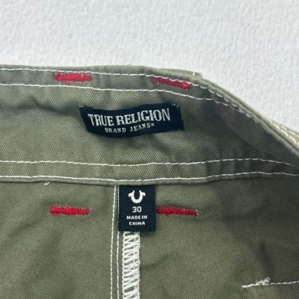 True Religion Mens Olive Green Cargo Pants Contrast Stitch Wide Leg Size 30